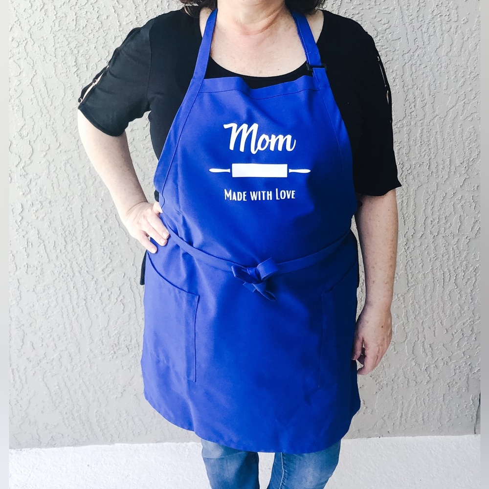 Mom Apron - Made With Love - Royal Blue - NWT - Adult Bib Style Apron w/ pockets